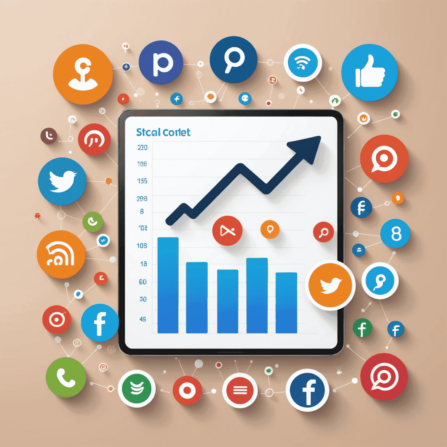 Imagen representativa de contenido viral en redes sociales, mostrando iconos de diferentes plataformas y un gráfico de crecimiento