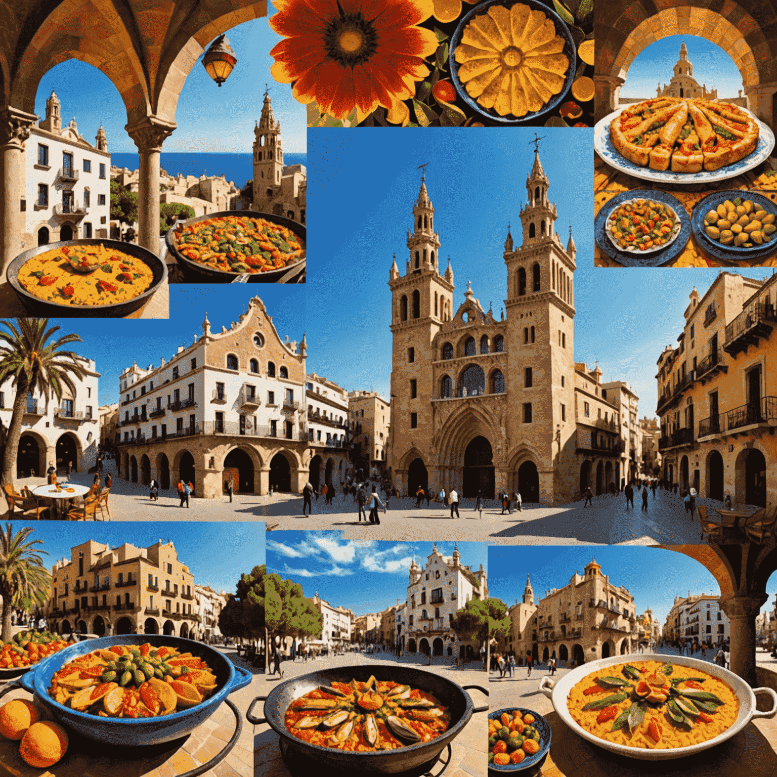 Collage de elementos culturales españoles: flamenco, paella, arquitectura de Gaudí y paisajes mediterráneos