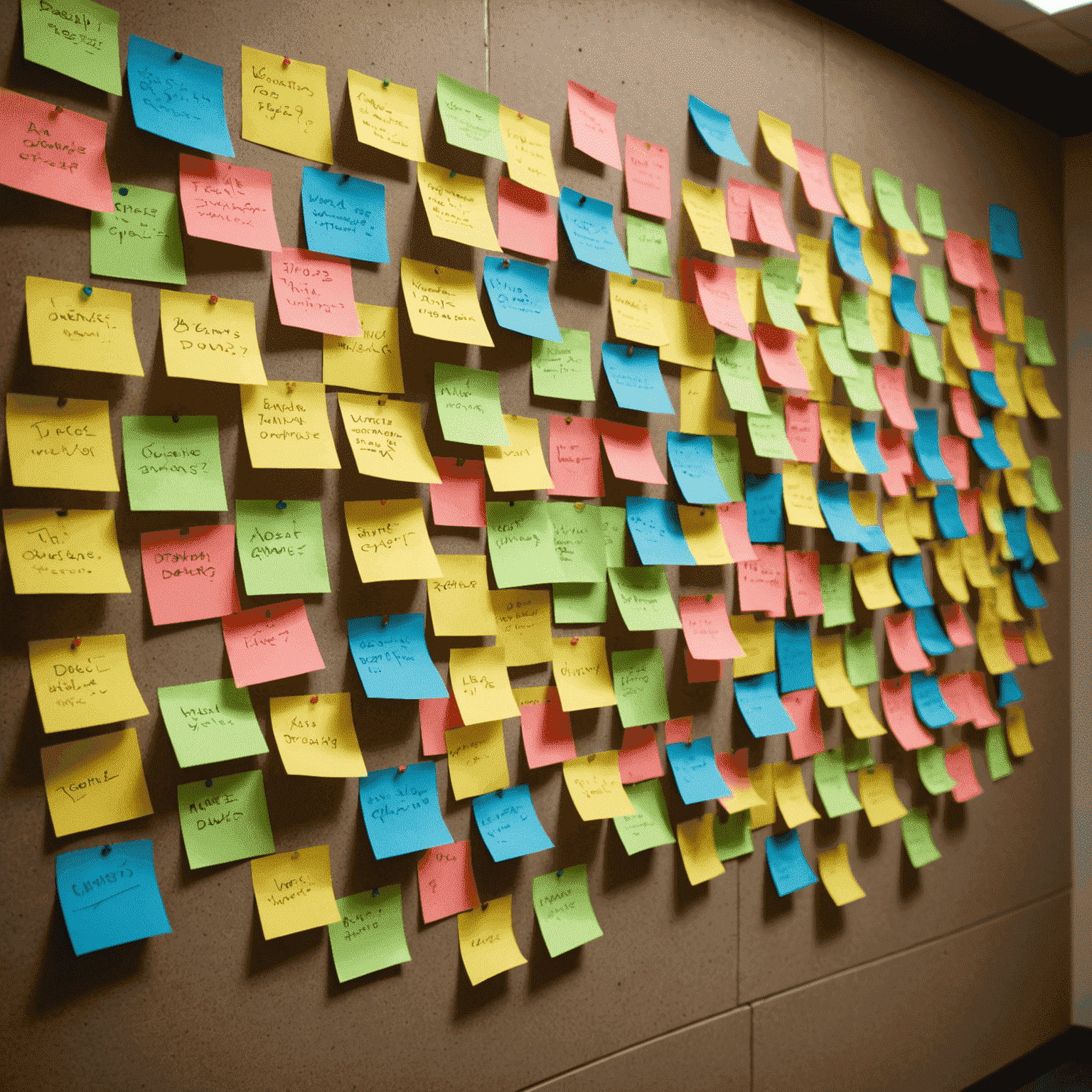 Imagen de una sesión de lluvia de ideas con post-its en una pared, mostrando preguntas frecuentes y sus respuestas, ilustrando la anticipación de dudas de la audiencia